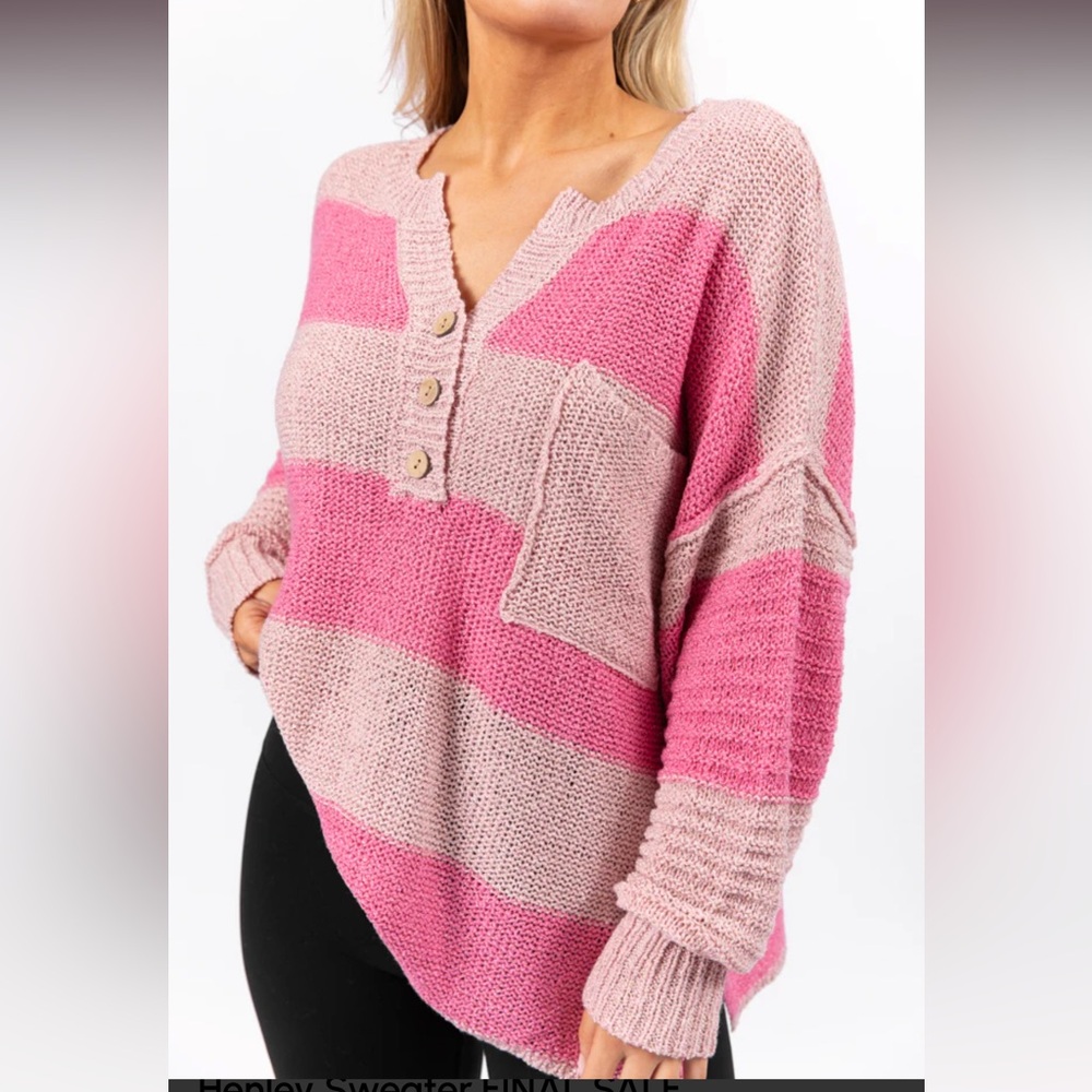 Pink Lily Women's V-Neck Sweater in Pink and Cream